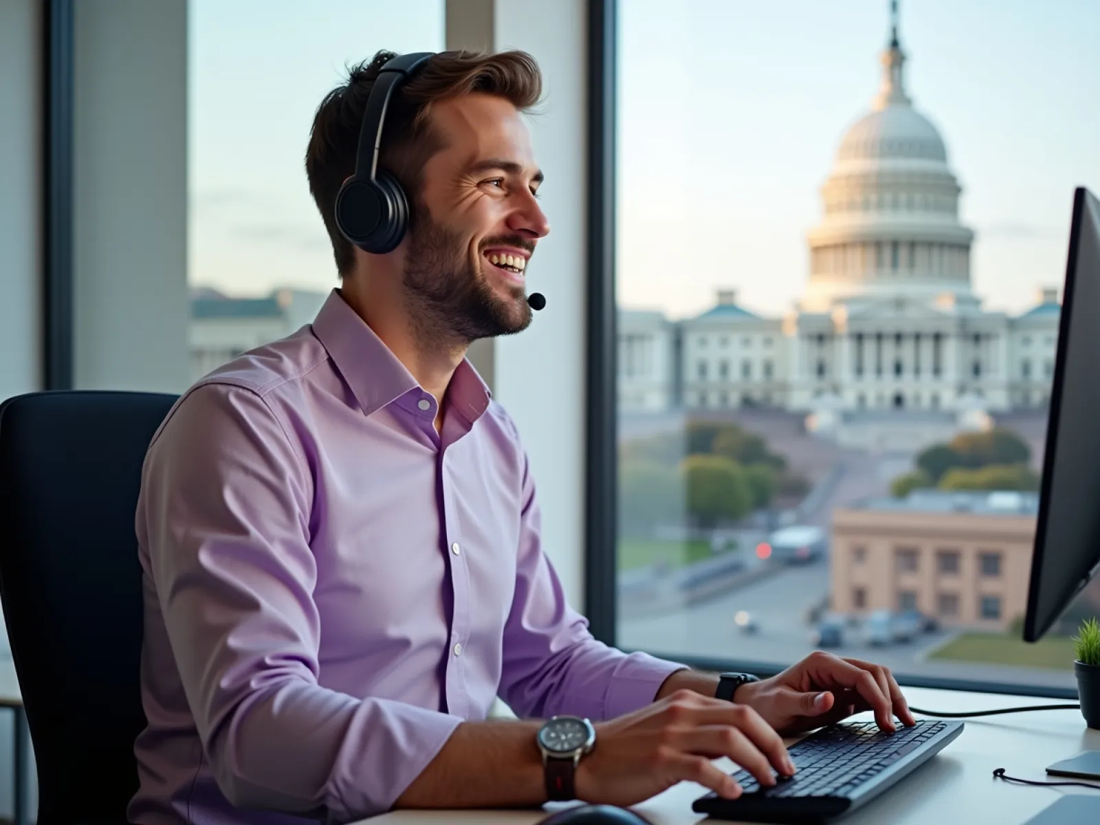 a man wearing headphones and sitting at a desk with a computer